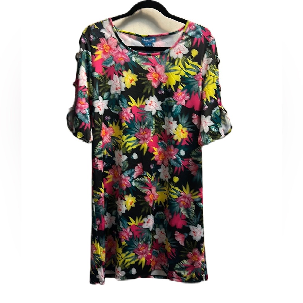 Caribbean Joe Black Tropical Printed 3/4 Sleeve Bathing Suit Cover NWT- L